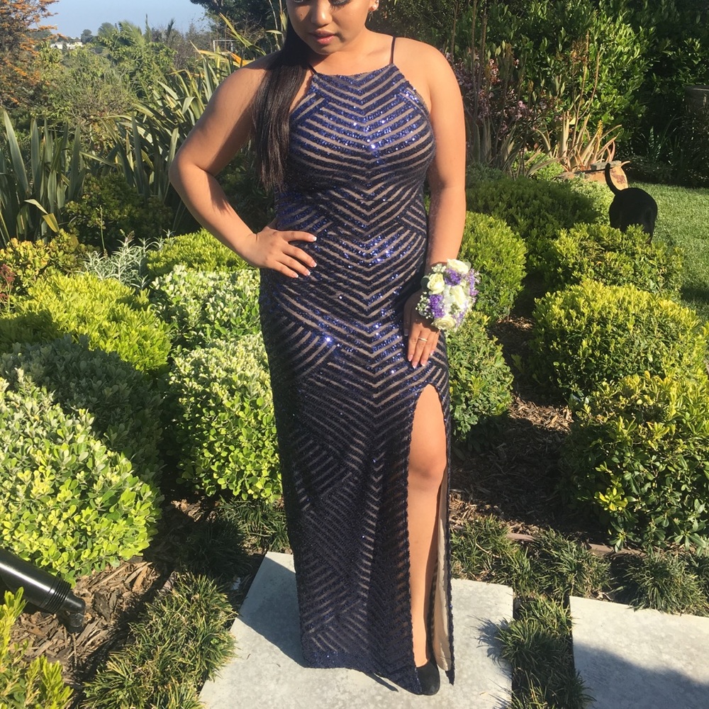 Dark indigo sequin prom dress